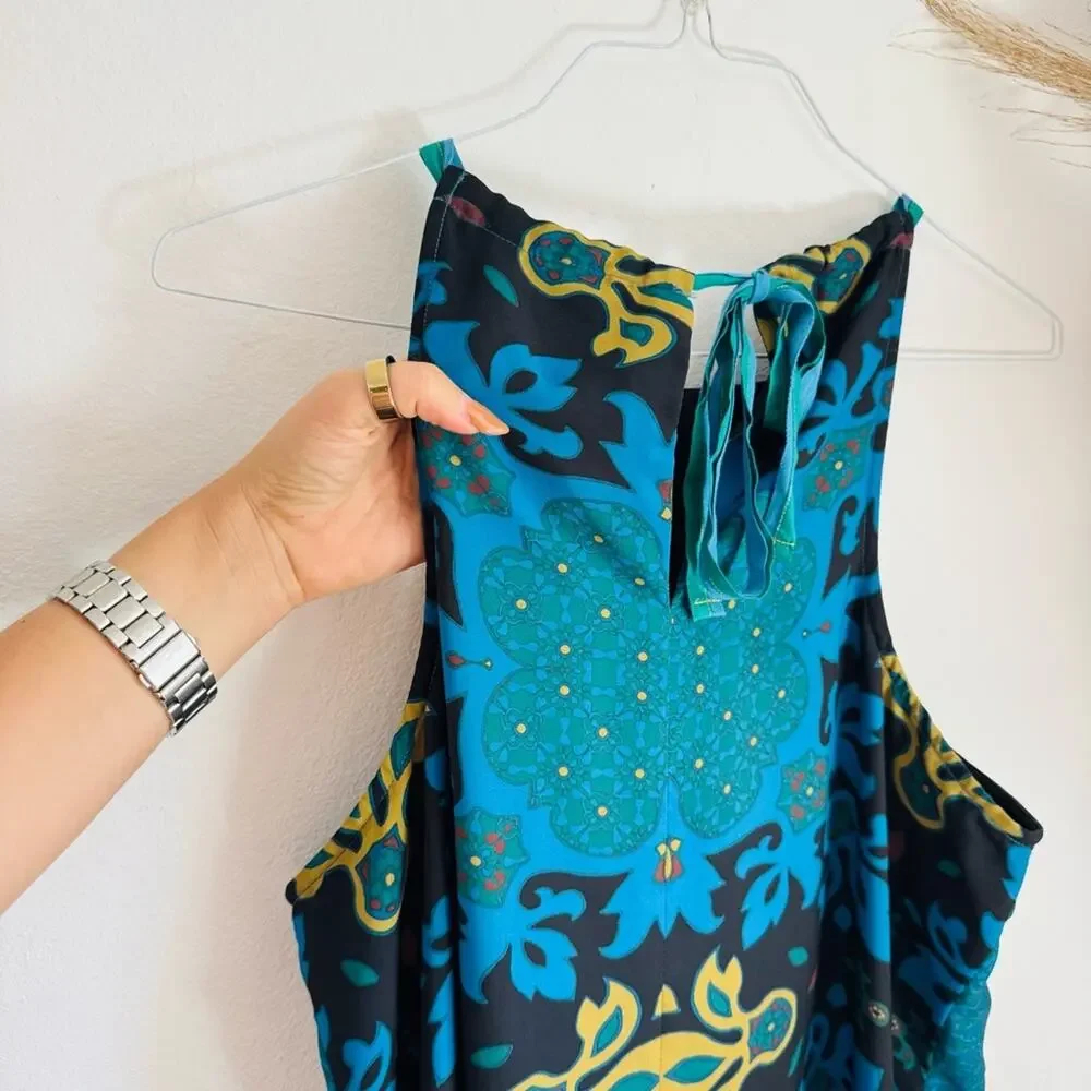 NEW ANTHROPOLOGIE Teal Black Floral Beaded Halter Mini $198 Tank Top Dress XL - Picture 11 of 13